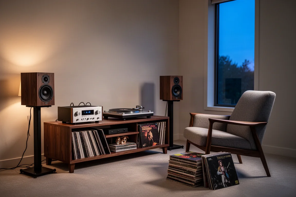 Stille luisterkamer in de schemering met een kleine versterker, draaitafel en speakers op stands