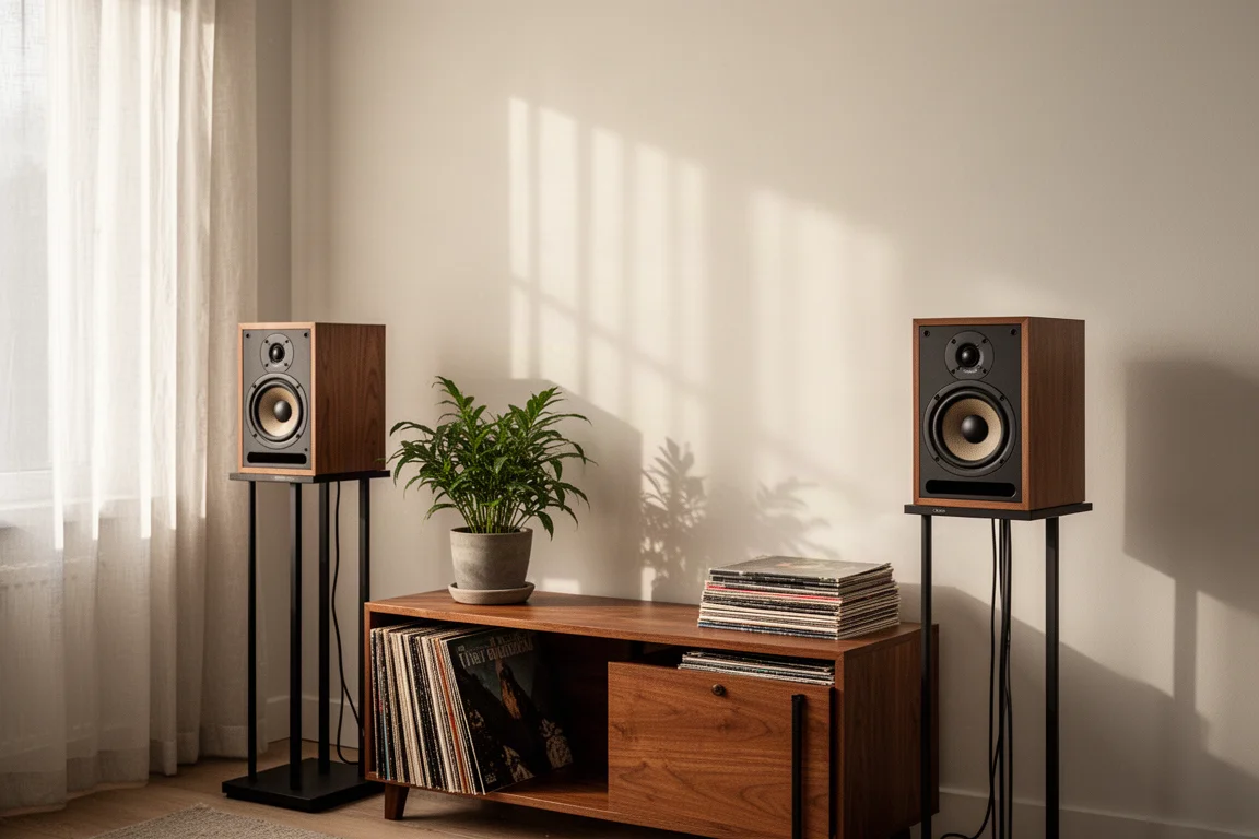 Twee compacte boekenplankspeakers op stands in een kleine kamer met zacht daglicht