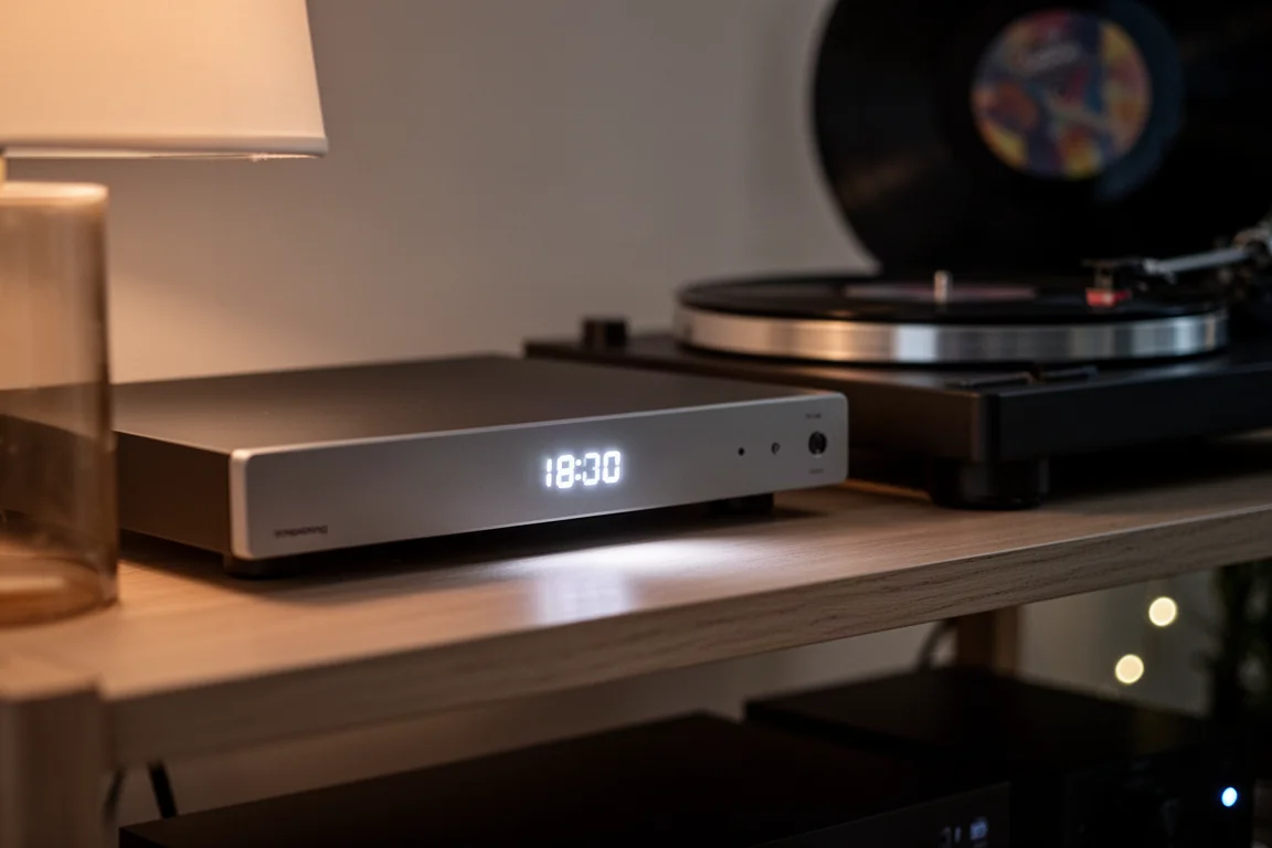Slank streamingcomponent met een gloeiend display op een hi-fi rack in het donker