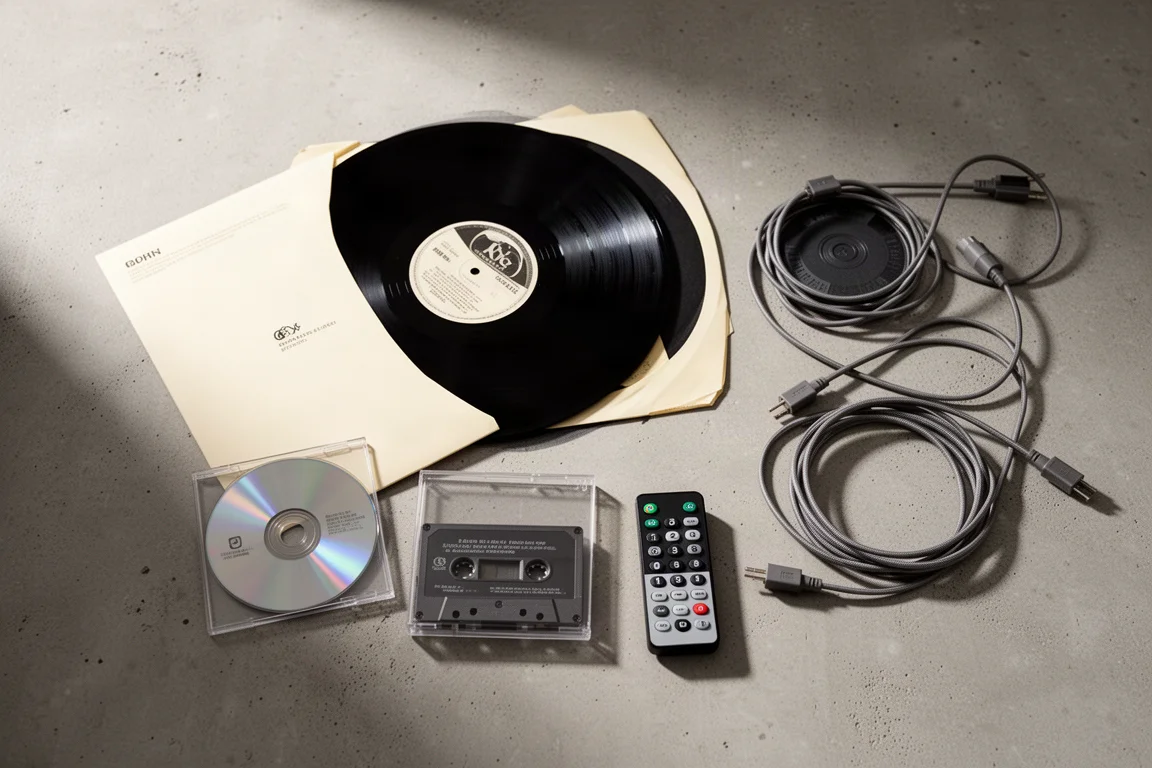 Plattegrond van bovenaf met een vinylplaat, cd-doosje, cassette, afstandsbediening en speakerkabels