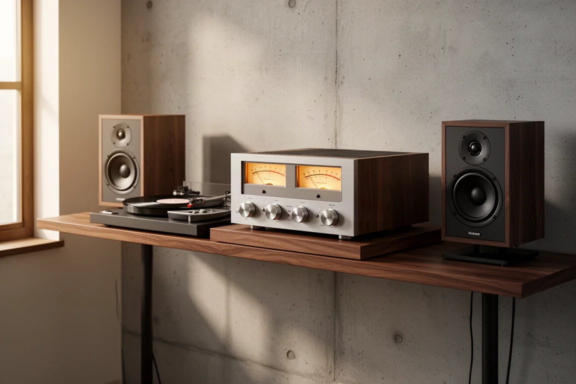 Hi-fi system with a VU-meter amplifier, turntable, and compact speakers in a listening room
