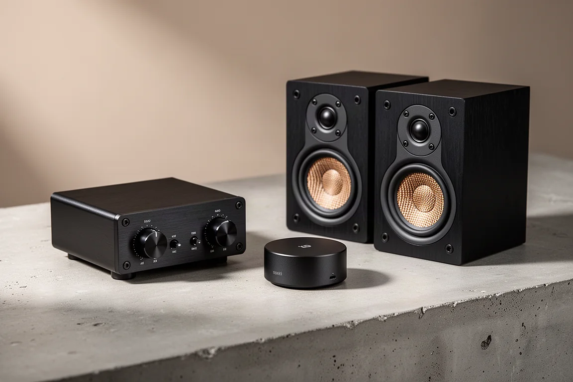 Compact amplifier, puck-shaped streamer, and small bookshelf speakers on a concrete surface