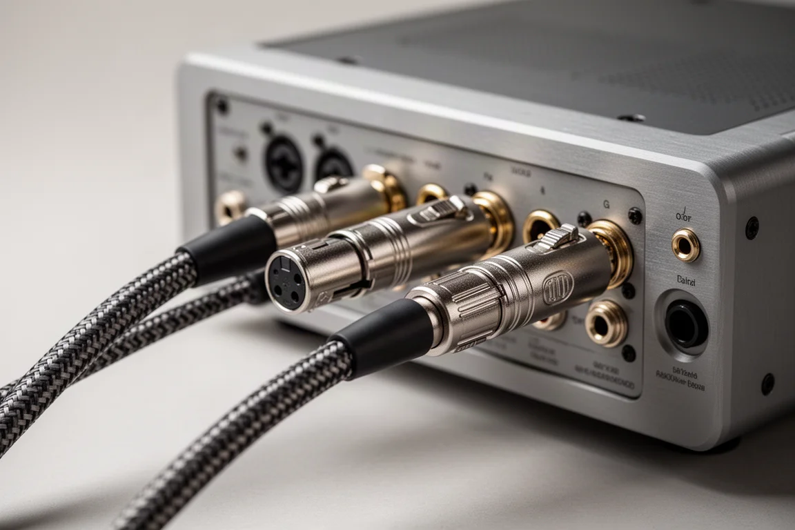 特寫畫面:平衡 XLR 線材連接到小型擴大機的背板