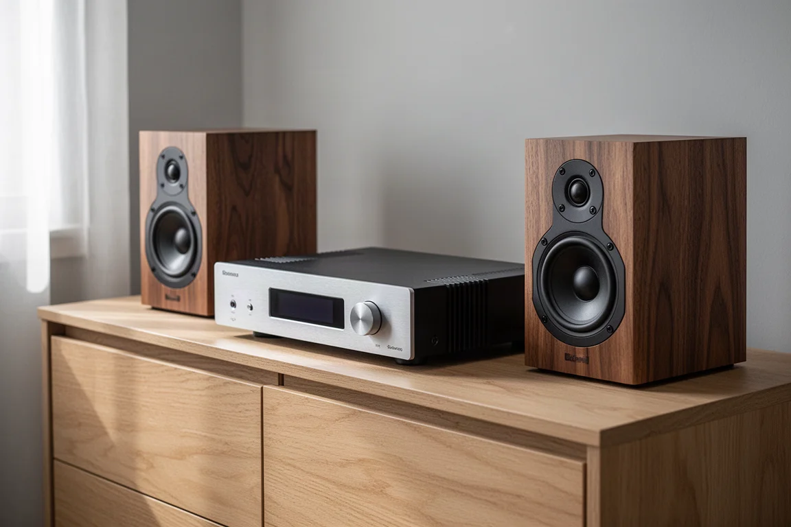 Compact hi-fi streaming system with amplifier, streamer, and standmount speakers on a wooden sideboard