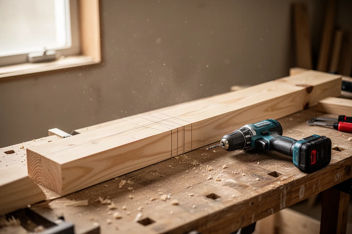 Escena de banco de trabajo en un taller con madera, taladro y marcas de lápiz