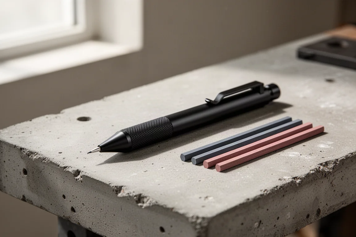 Slim mechanical carpentry pencil with extended lead tip on a workbench