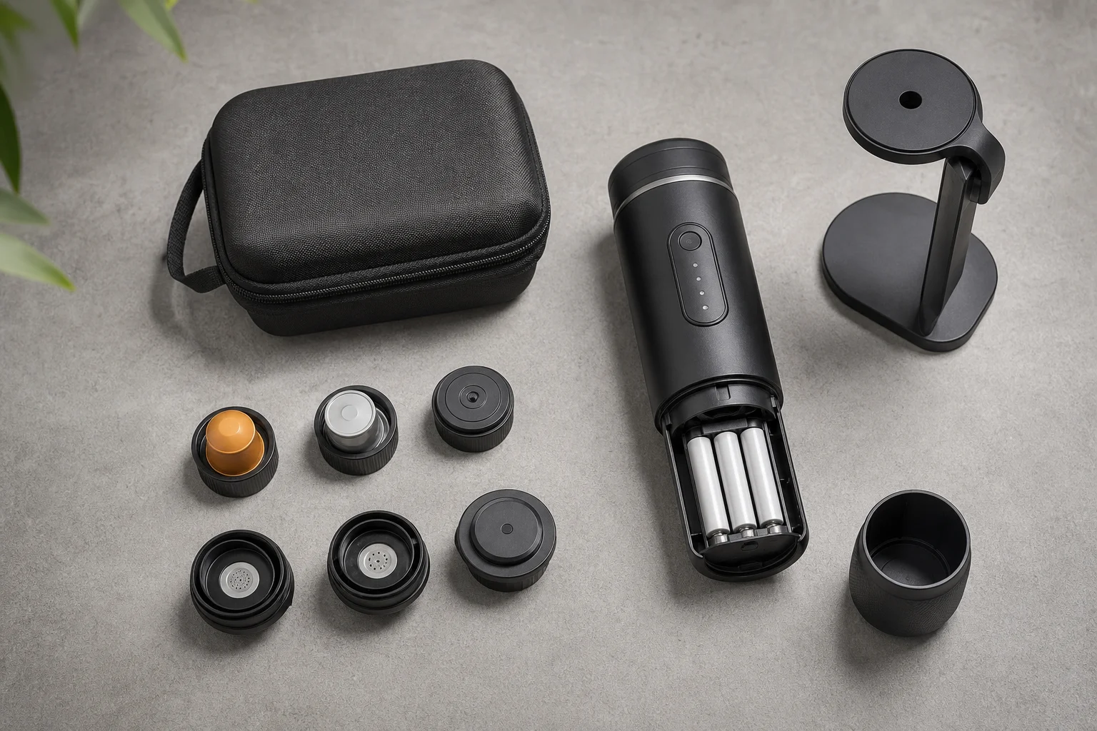 Portable espresso maker with accessories laid out on a flat surface
