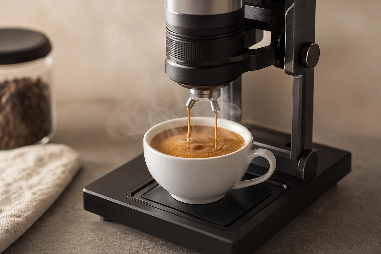 Close-up of espresso brewing with visible crema and flow