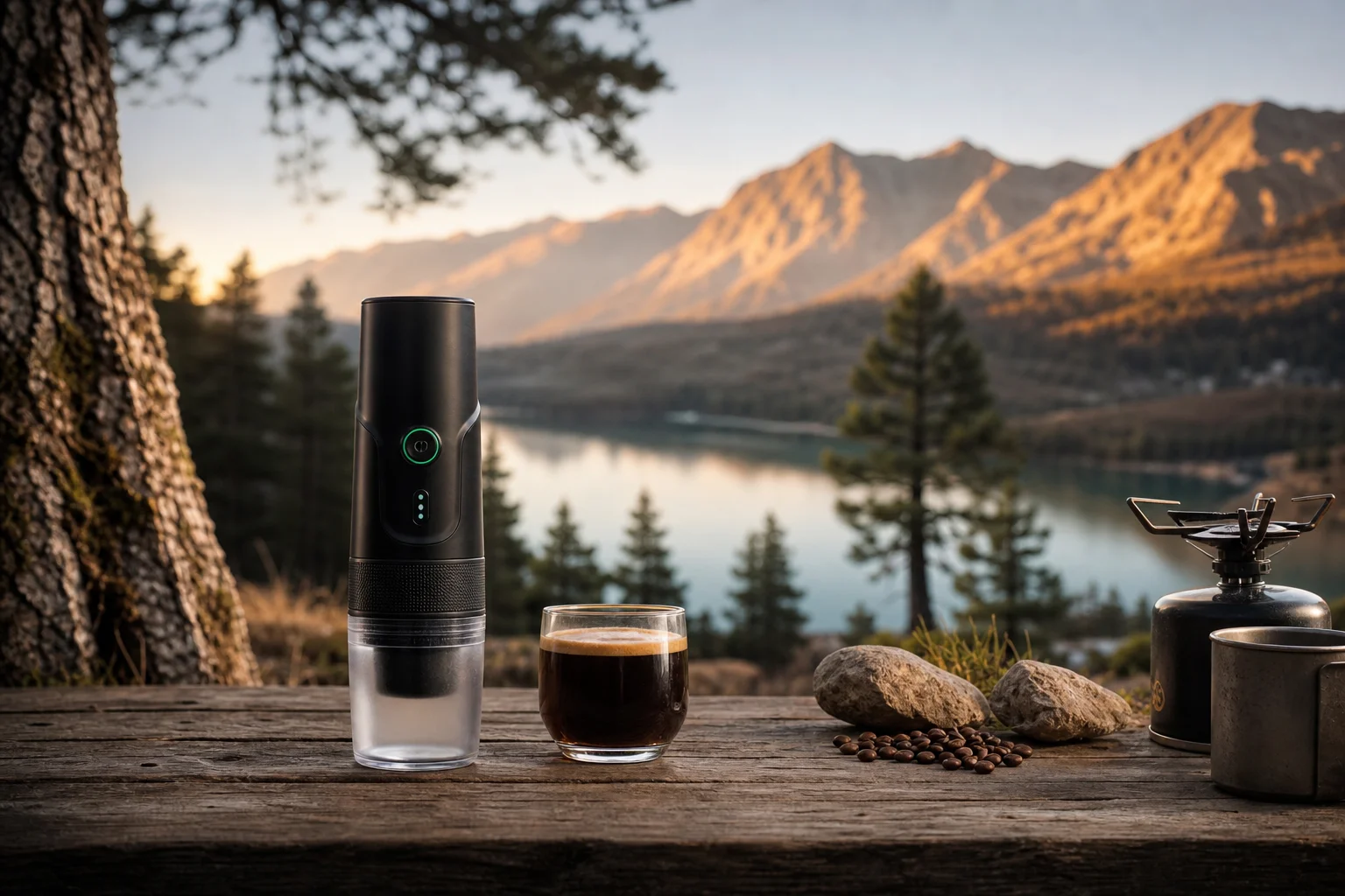 Outdoor camping scene with portable espresso maker on a table