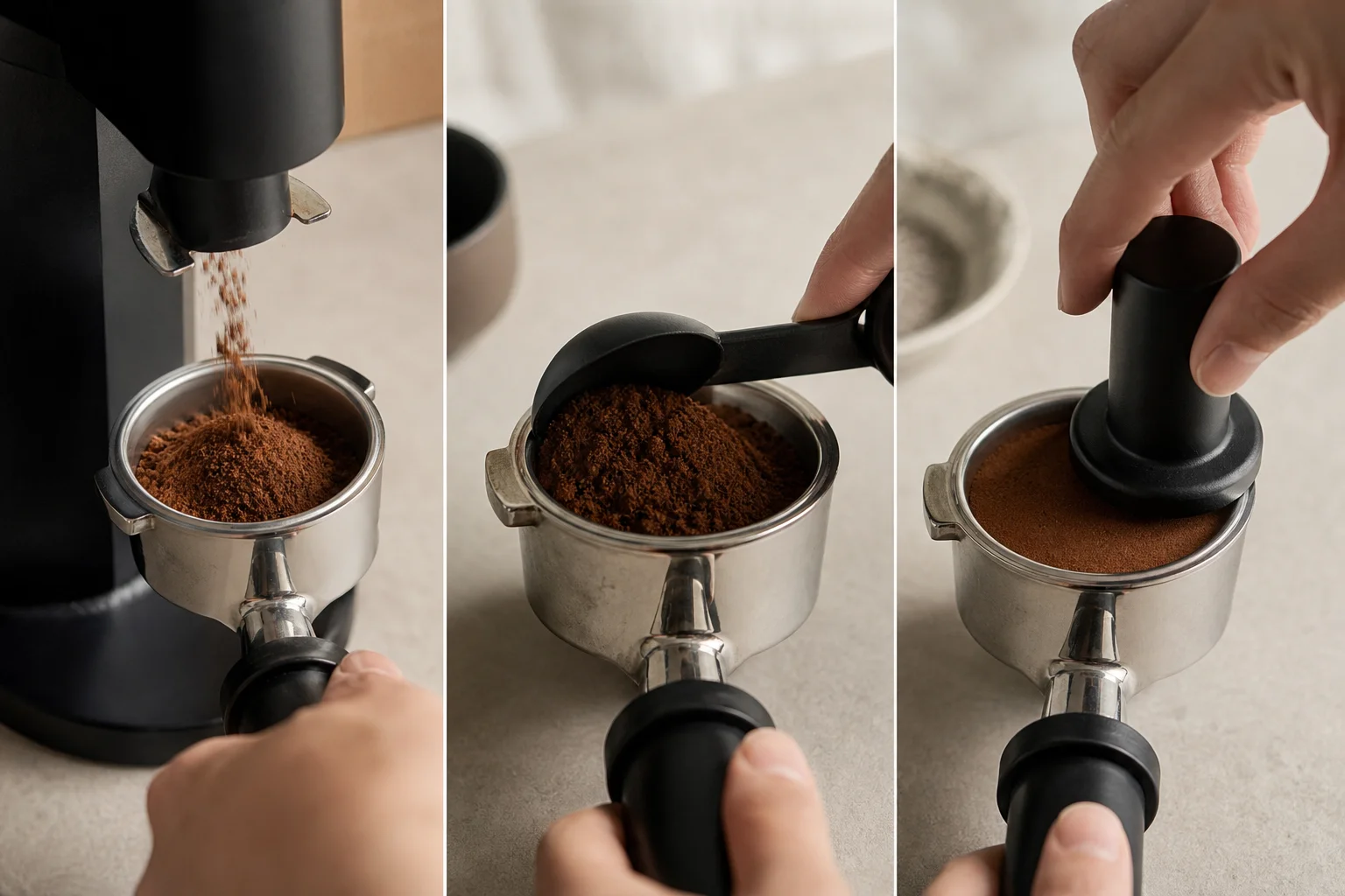 Hands performing puck preparation with ground coffee and tamper