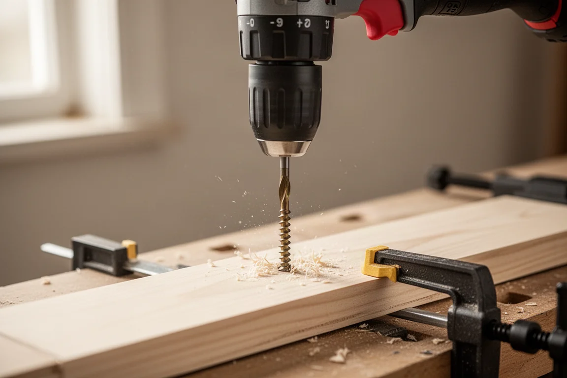 Taladro atornillando un tornillo en una tabla de madera sobre un banco de trabajo