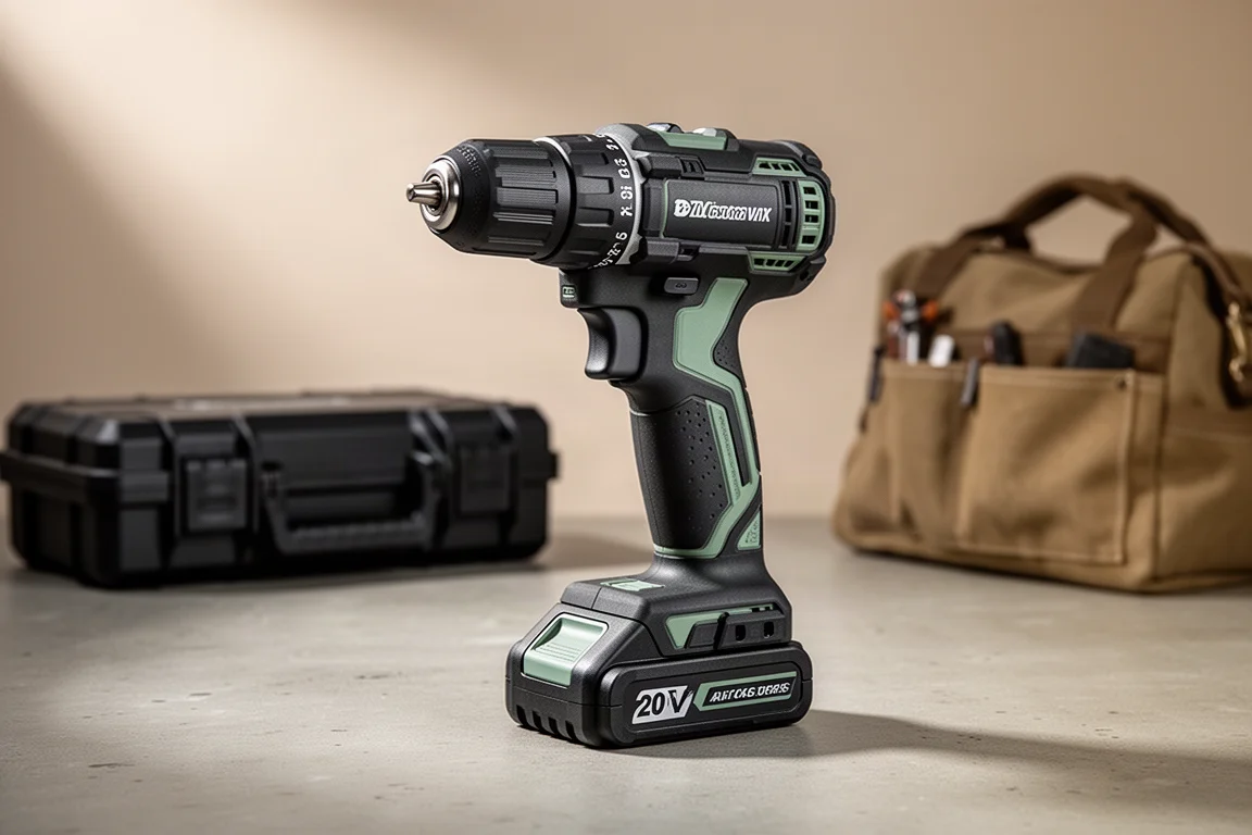 HiCha DD 18F cordless drill standing on a concrete surface with tool case in background