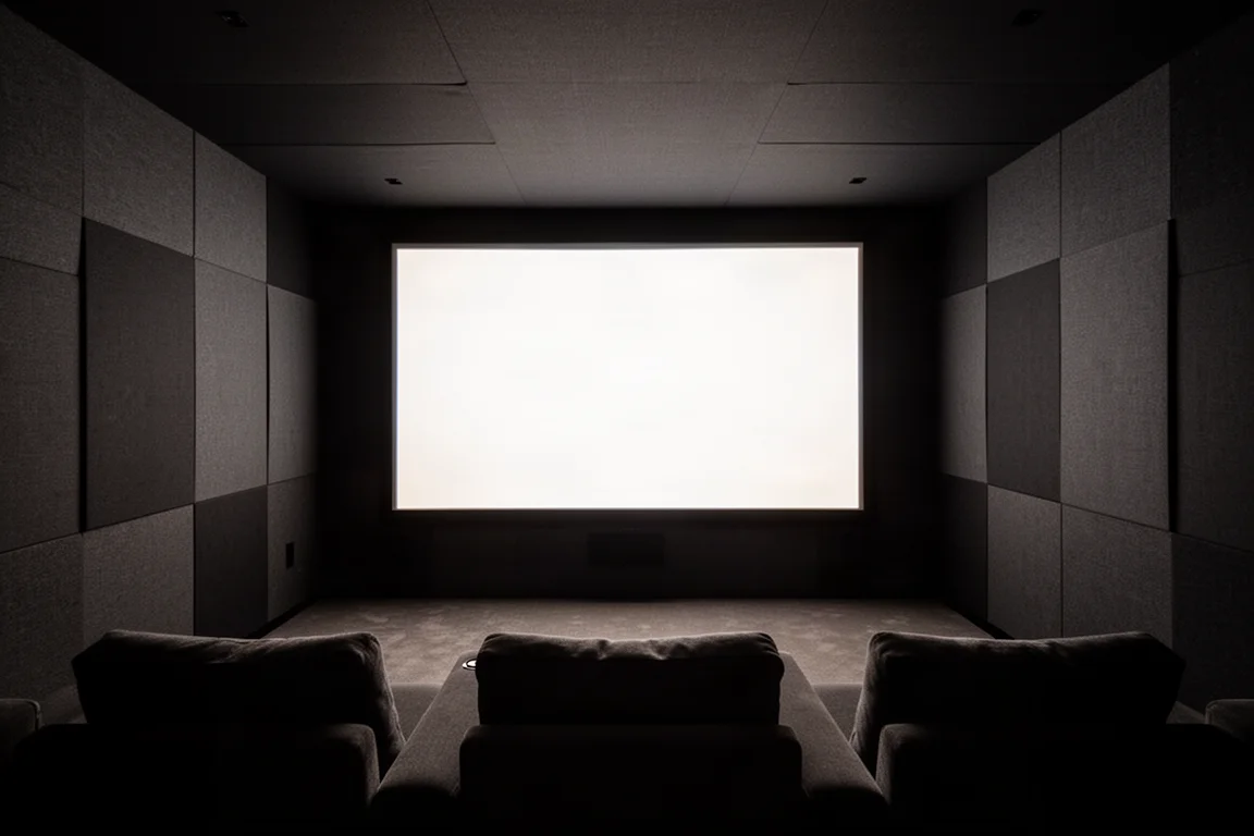 Sala home theater in penombra con uno schermo di proiezione luminoso sulla parete frontale