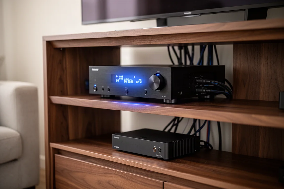 Sintoamplificatore AV e amplificatore del subwoofer su ripiani dentro un mobile in legno