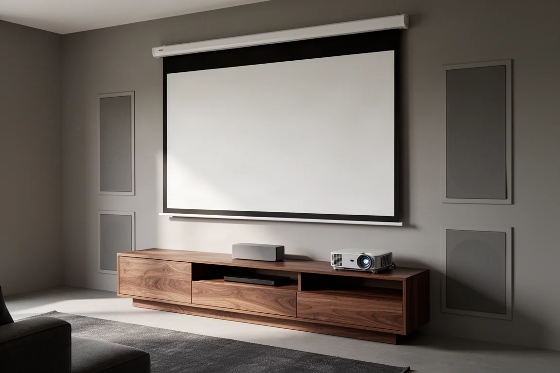 Minimalist living room with a rising projection screen, in-wall speaker grilles, and a media console