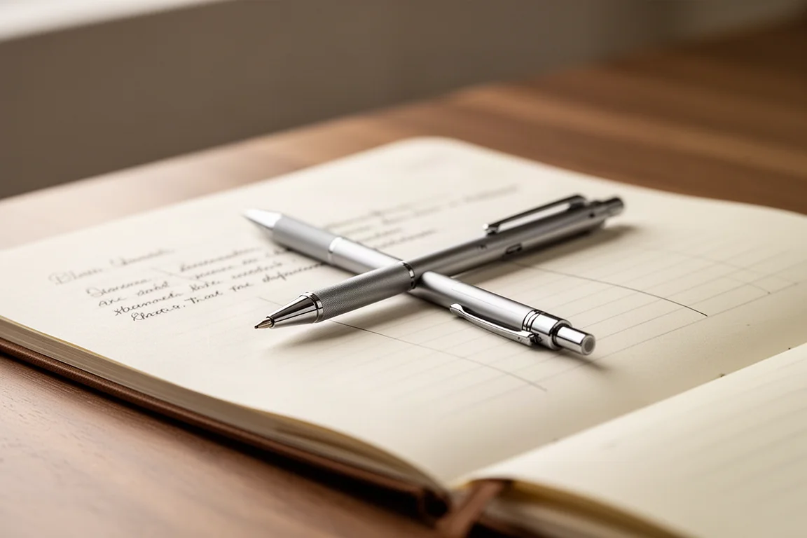 A mechanical pencil held over an open notebook on a wooden desk
