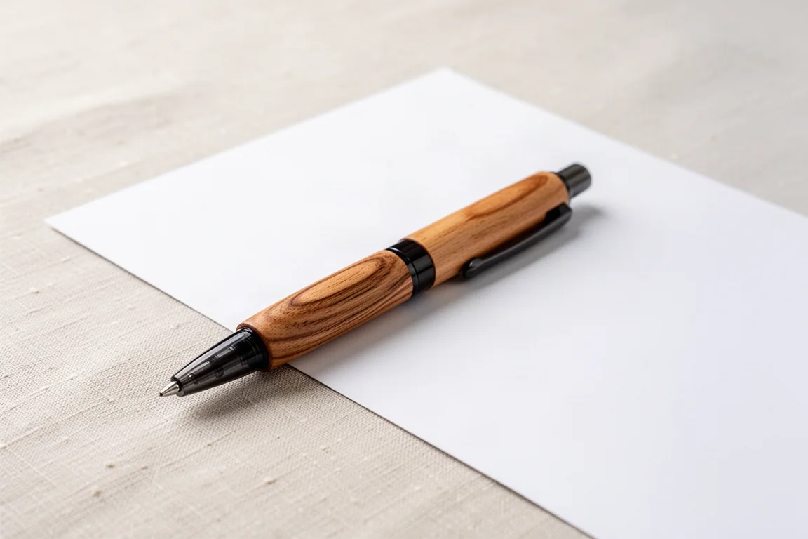 A wooden-grip gel pen beside a glass of ink on a neutral surface