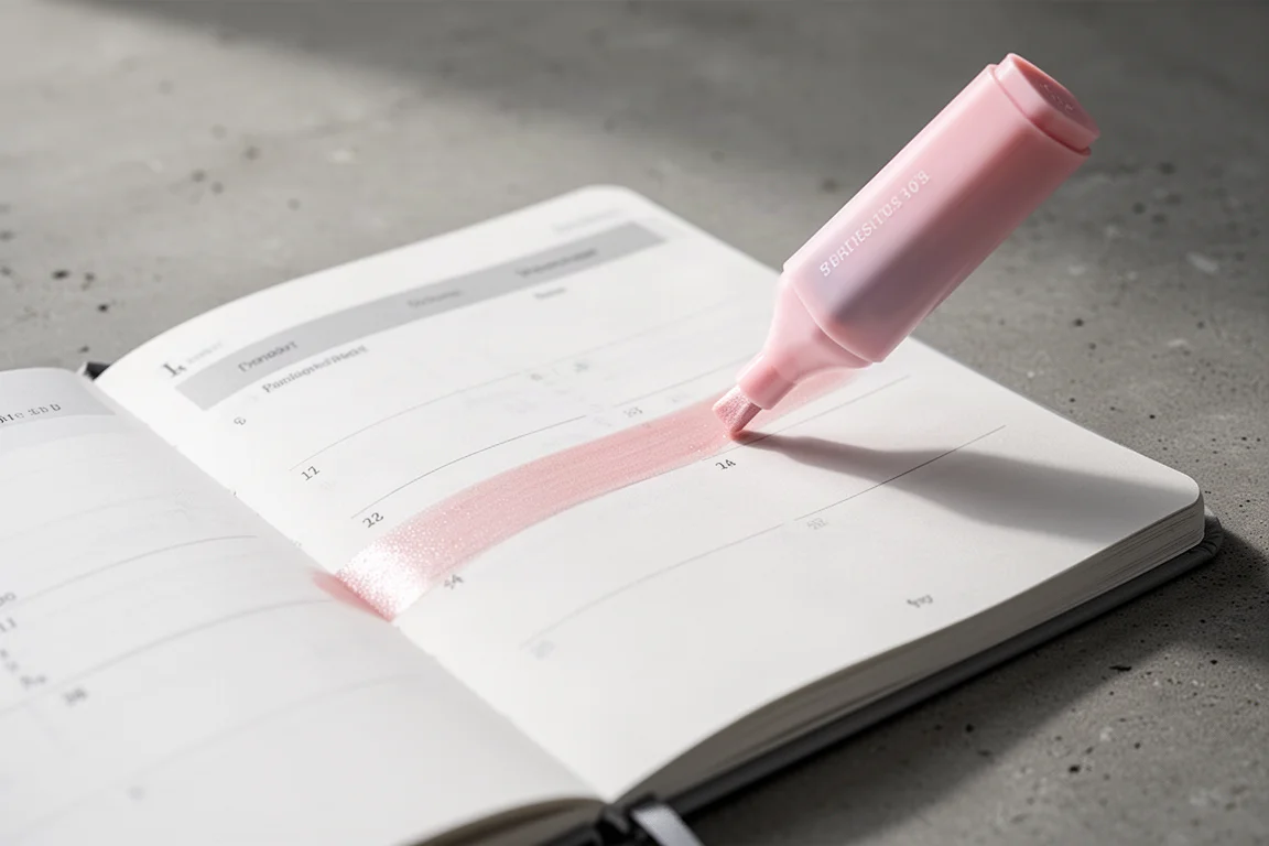 A highlighter marking a line of text in an open planner