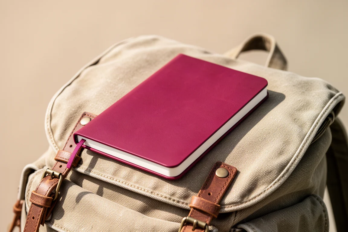 A slim notebook in a colorful cover on top of a backpack