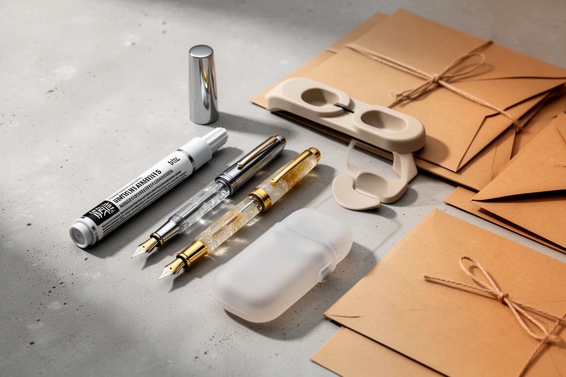 Flat-lay of assorted stationery items including a chrome marker, fountain pen, and kraft envelopes on concrete