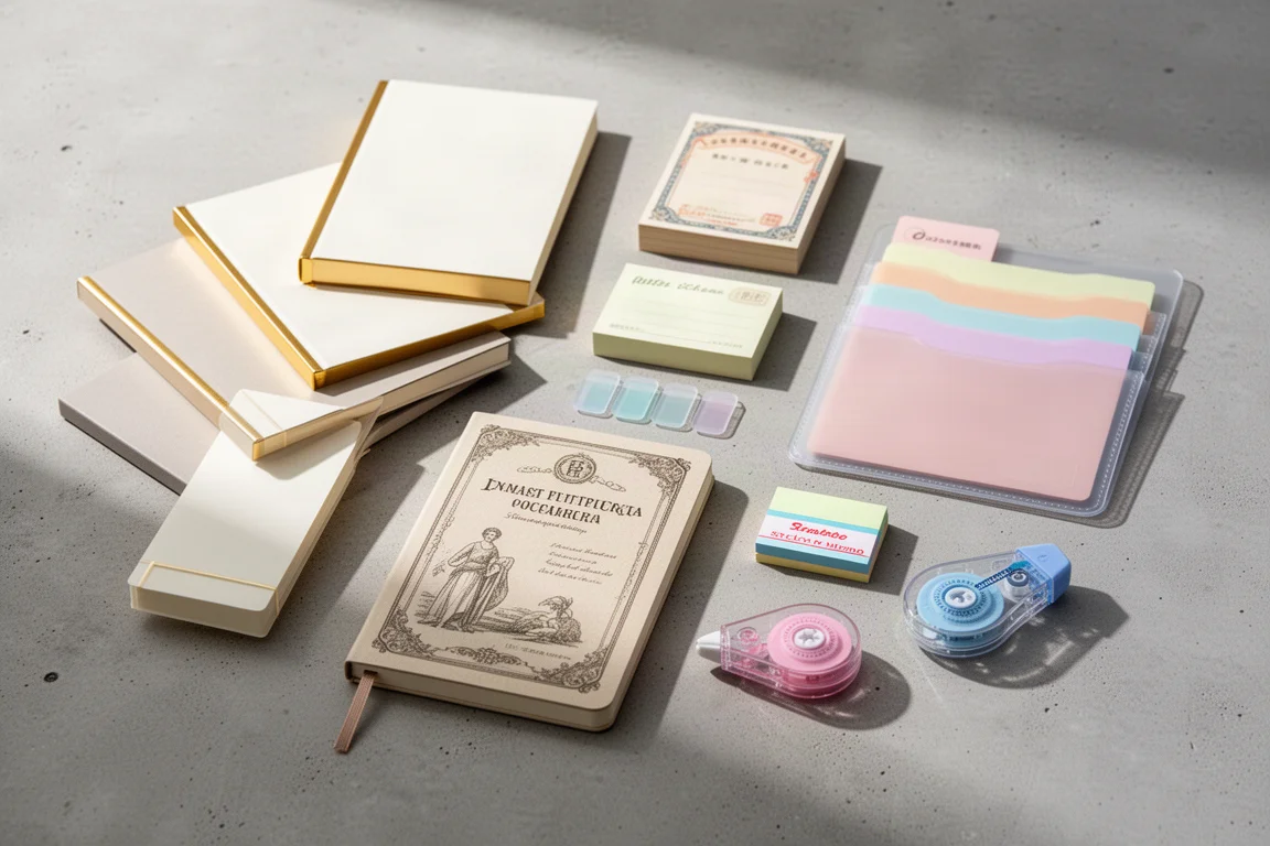 Flat-lay of Japanese notebooks, index tabs, sticky memo pads, and correction tape on a concrete surface