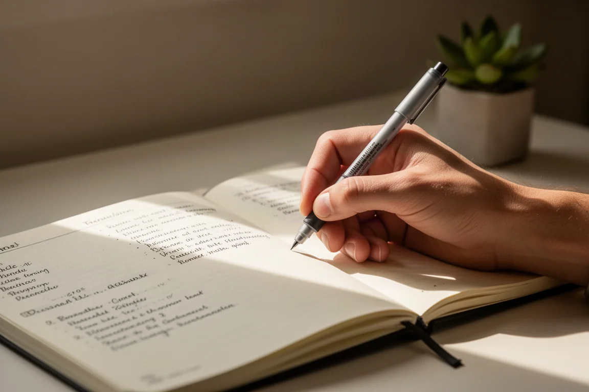 En hand skriver med en fineliner i en bullet journal