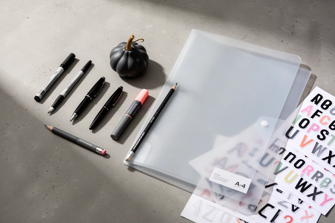 Flat lay of ten stationery items including pens, highlighter, pencil, folder, and pen rest