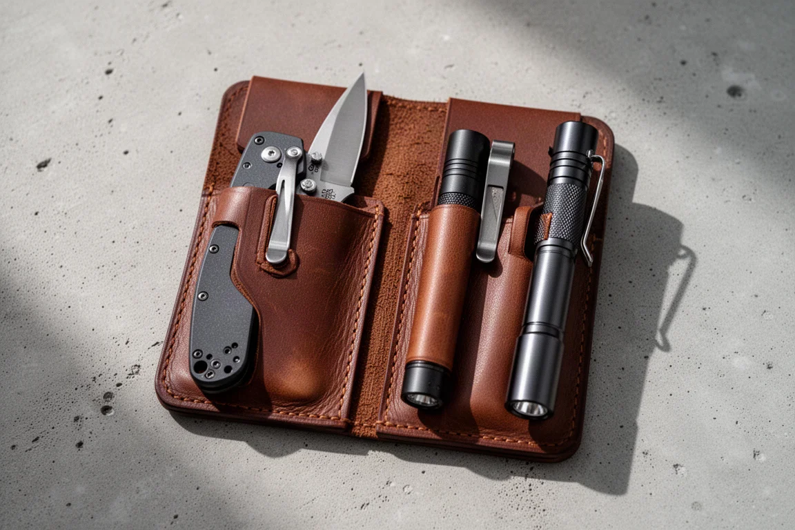 Coltellino e piccola torcia inseriti nelle tasche esterne di un organizer in pelle