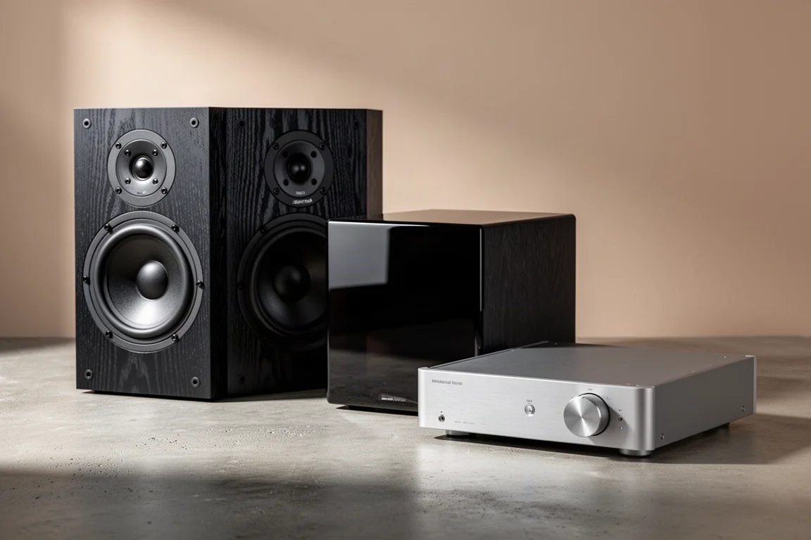 Bookshelf speakers, compact subwoofer, and slim integrated amplifier on a concrete surface