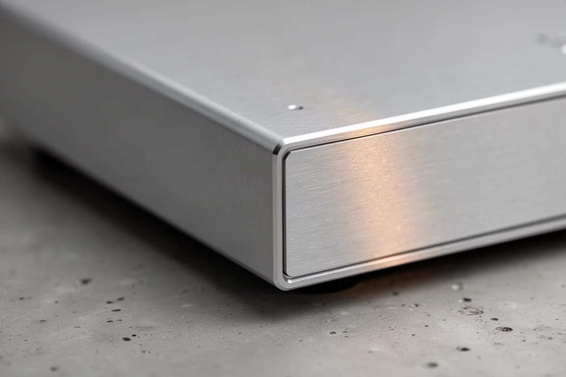 Primer plano de la esquina de un chasis de audio de aluminio cepillado con reflejos cálidos y suaves