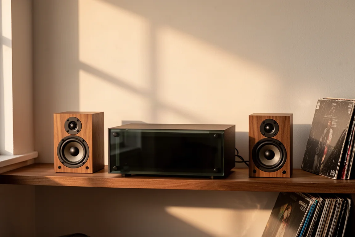 Sistema de audio compacto todo en uno con altavoces de estantería sobre una balda de madera en un salón
