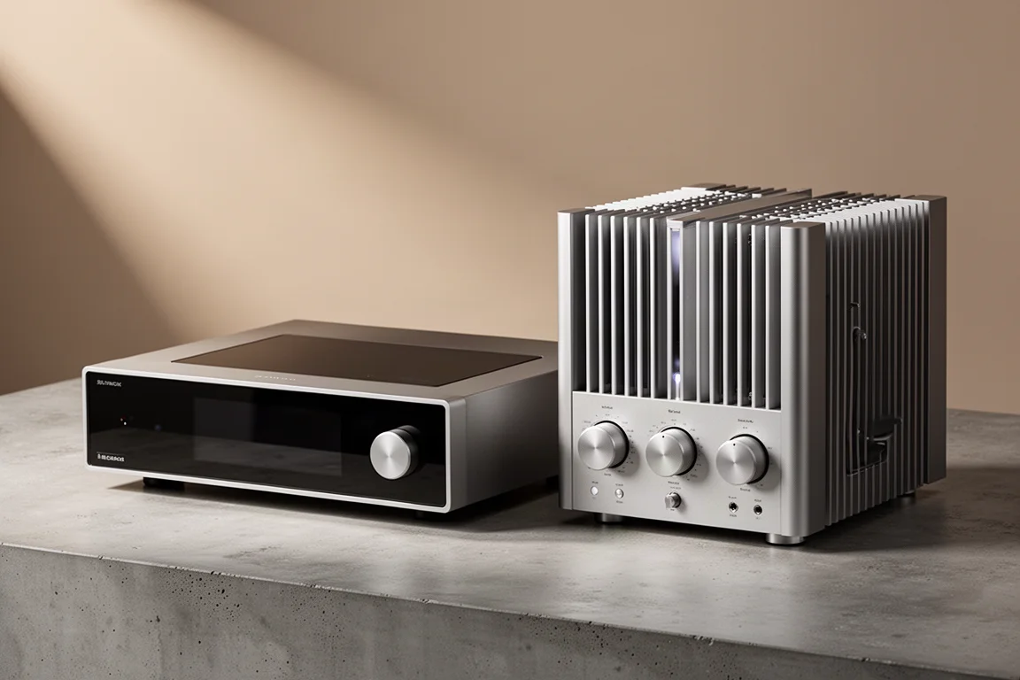 Wide network audio player beside a tall silver integrated amplifier on a concrete surface