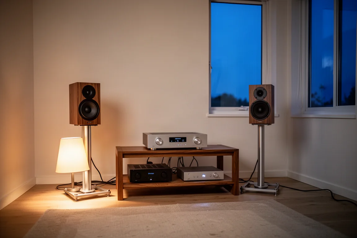 Angolo della sala d'ascolto con diffusori da stand, un ripiano per lo streamer e dischi in vinile