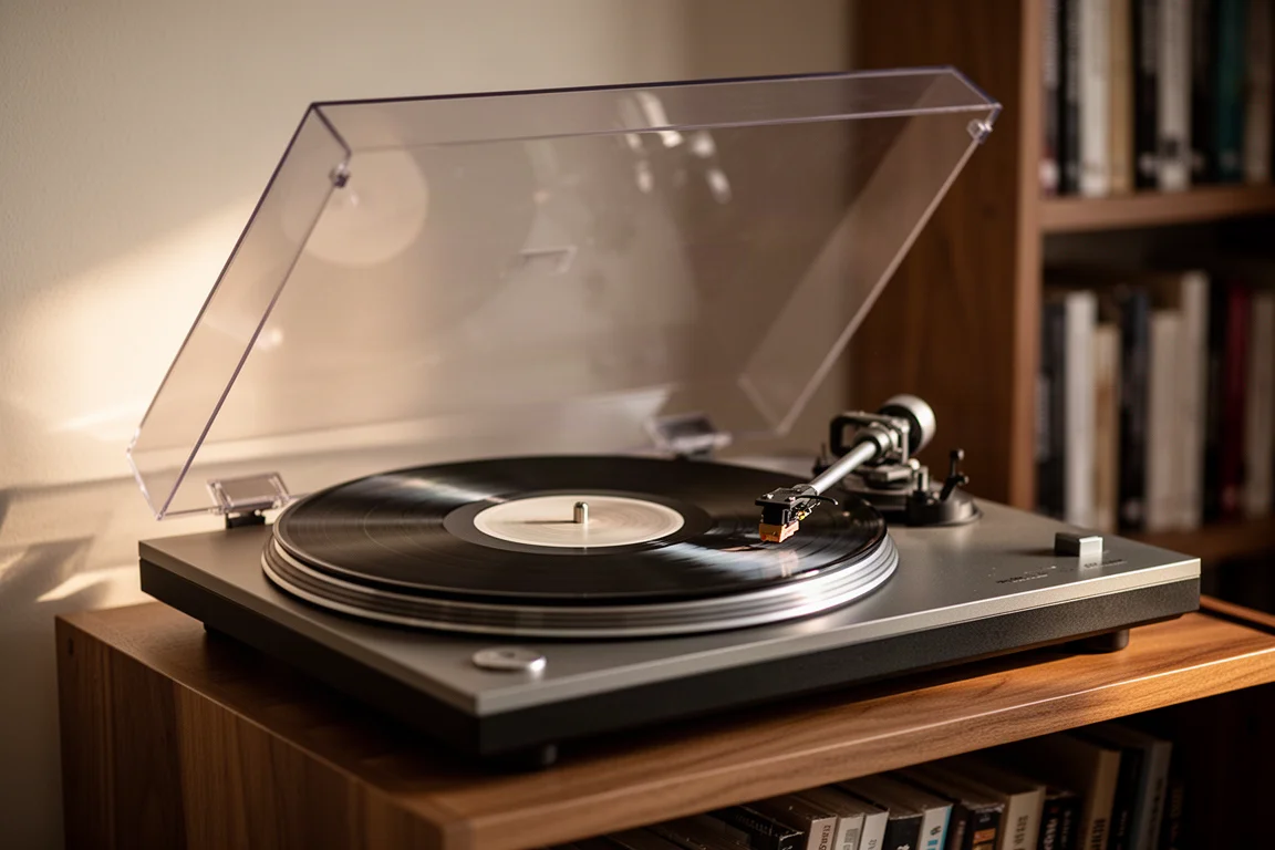 Primo piano del giradischi con un disco in vinile nero che gira sotto una luce laterale calda