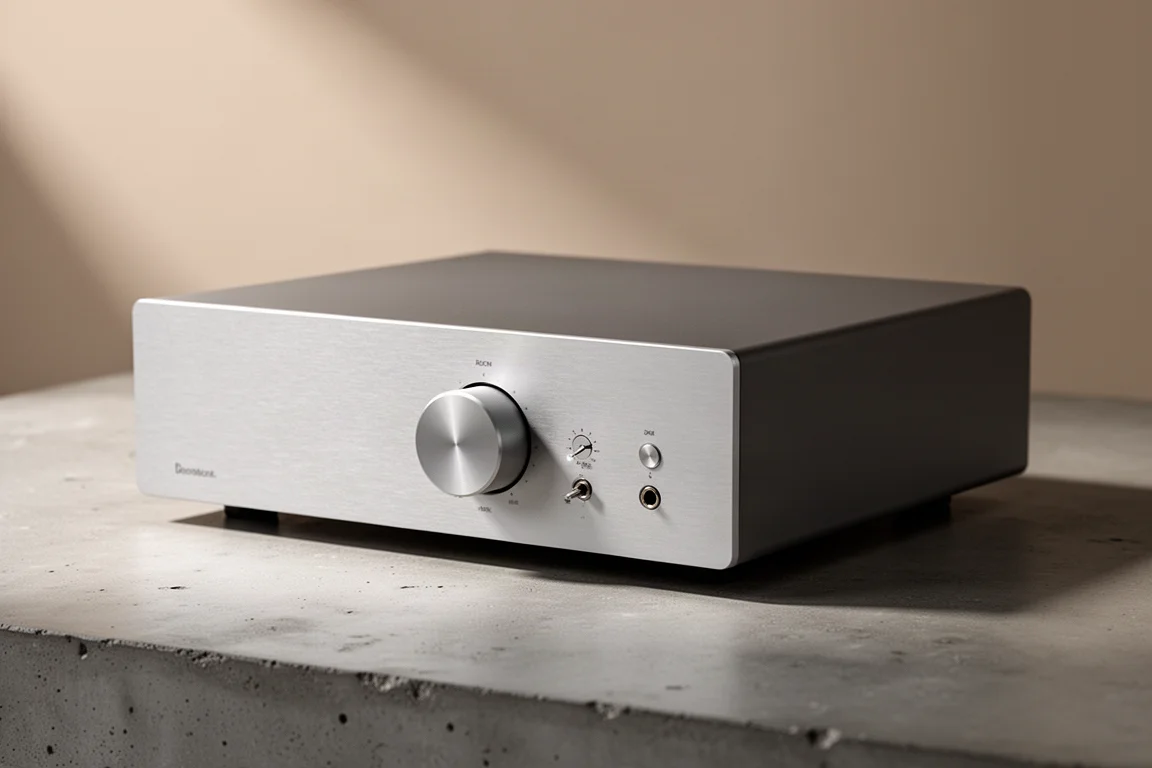 High end integrated amplifier with VU meters and a large volume knob on a concrete surface
