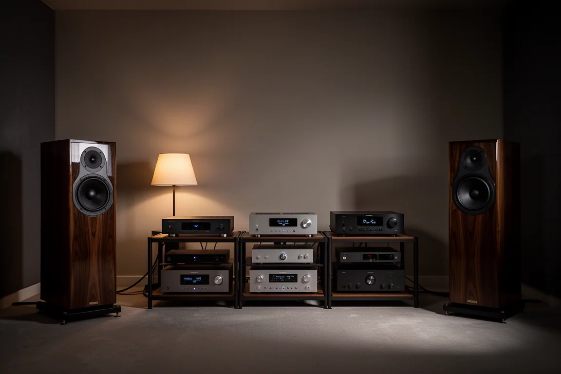 Sala de escucha en penumbra por la noche con altavoces de suelo y un rack bajo de componentes hi-fi