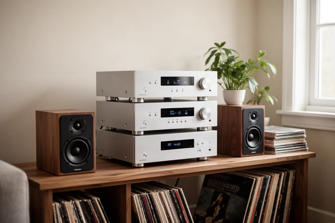 Rack hi-fi ordenado en un salón luminoso con componentes de aluminio apilados y altavoces compactos