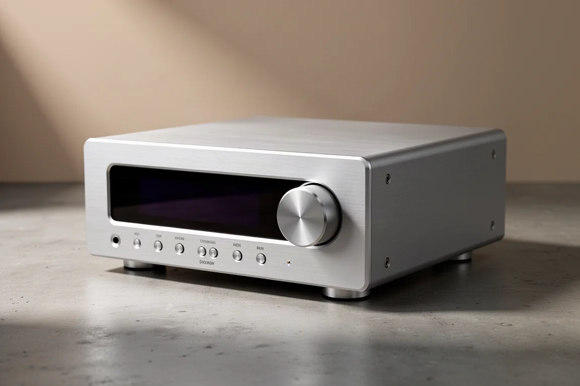 Silver aluminum digital-to-analog converter with a dark front display on a matte concrete surface