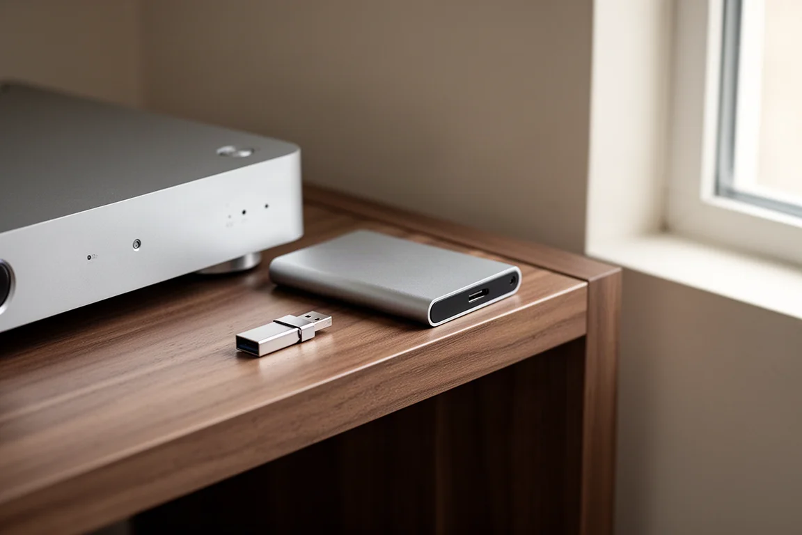 Kompakt extern SSD och USB-minne på en trähylla bredvid ljudutrustning