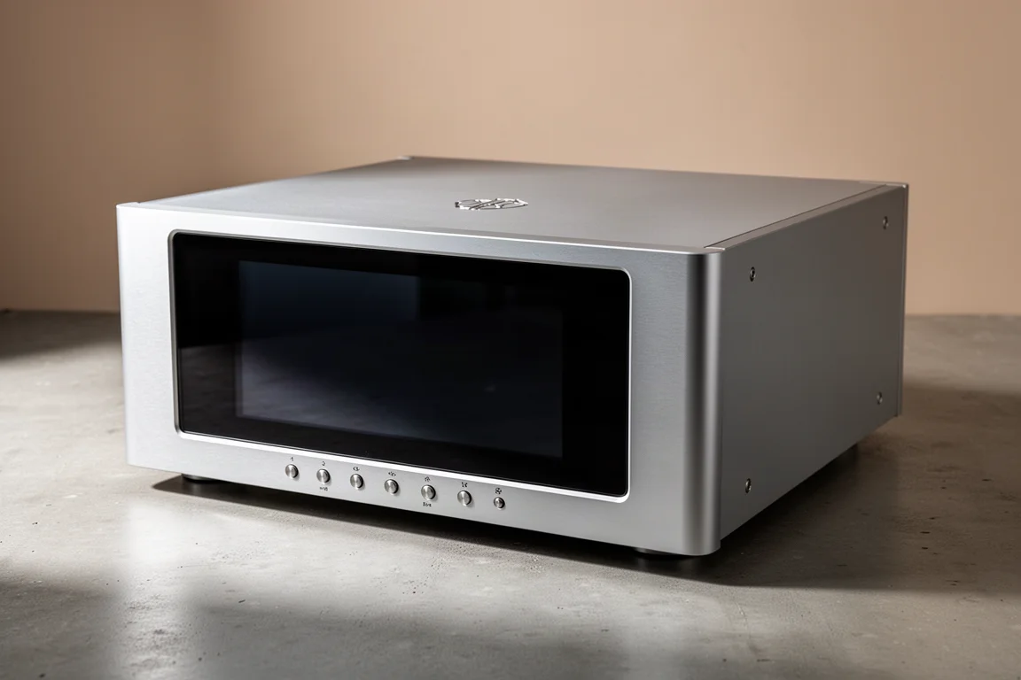 Silver Hi-Fi Rose RS-130 network transport with large front touchscreen on a concrete surface