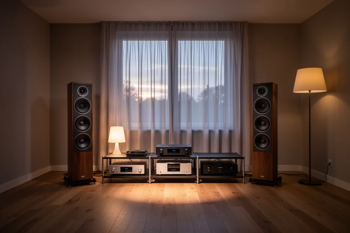 Sala d'ascolto silenziosa al crepuscolo con diffusori elettrostatici da pavimento e un rack basso per l'elettronica