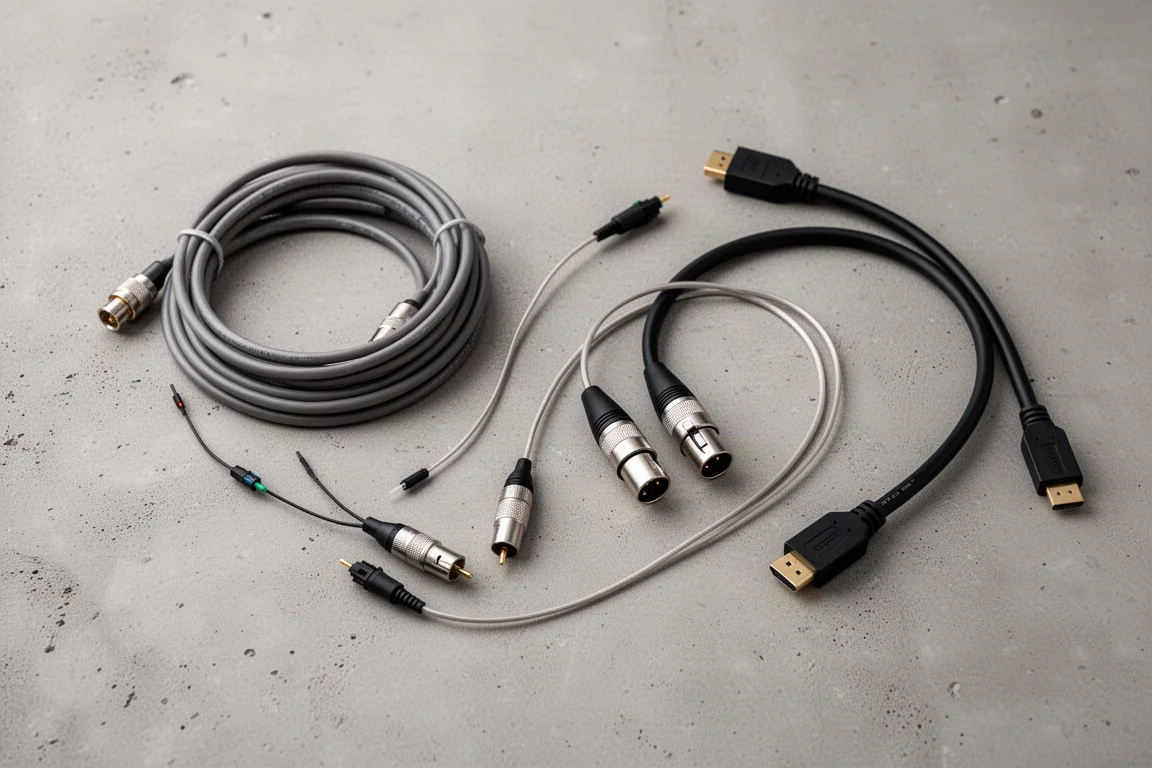 Vista dall'alto di cavi audio digitali tra cui coassiale, ottico, XLR e HDMI su cemento