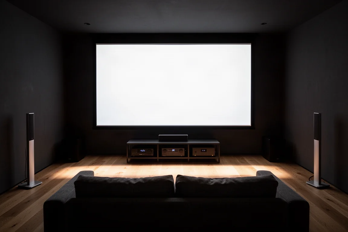 Sala home theater oscurata con schermo di proiezione luminoso sopra un rack sottile per l'elettronica