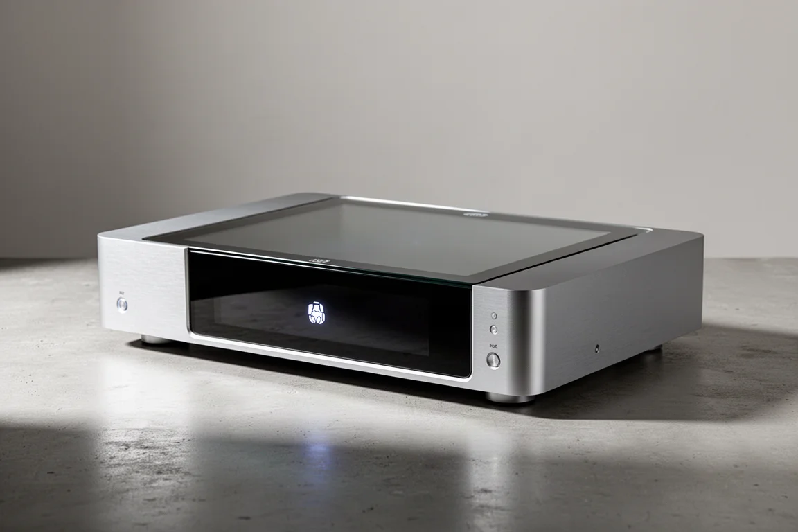 Wide hi-fi network media player with a large glass touch display on a concrete surface
