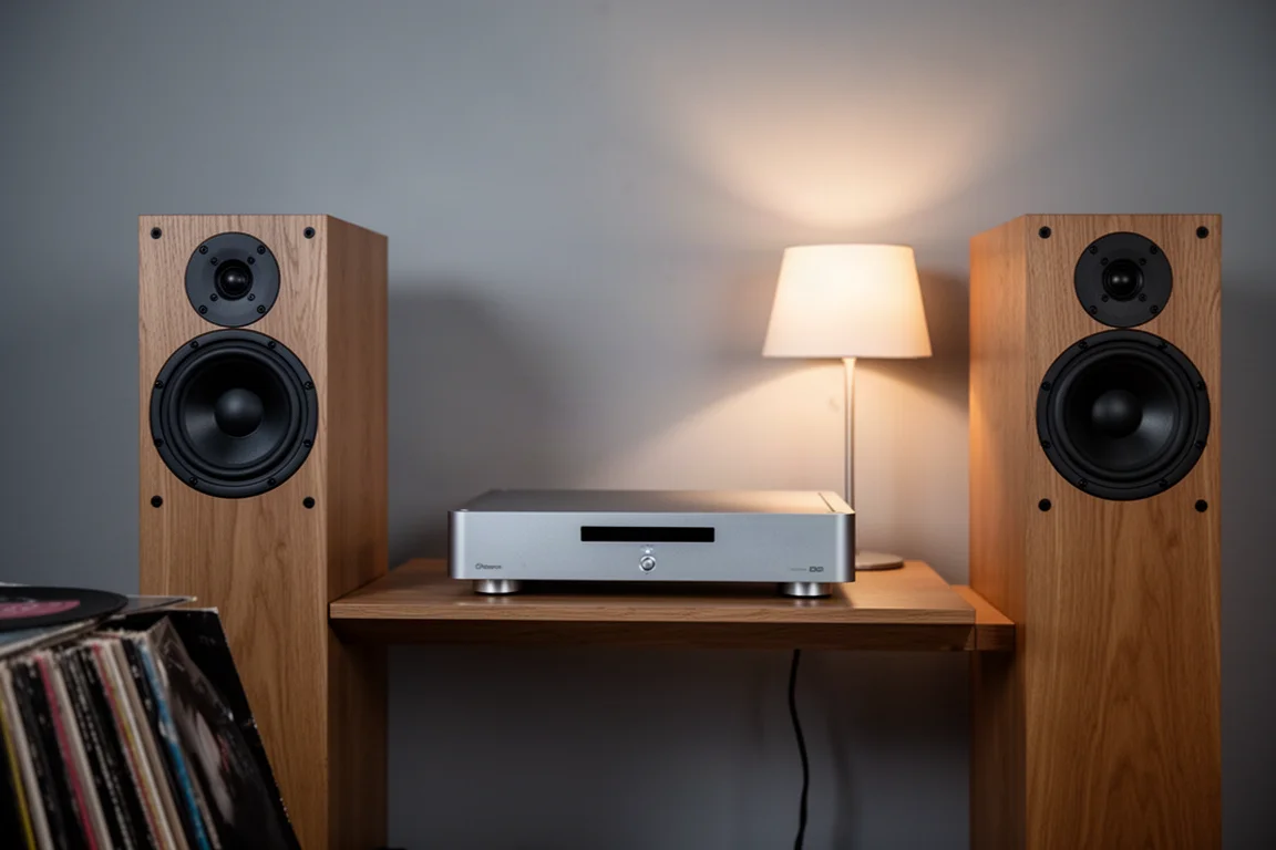 Sala de escucha por la noche con un componente de audio de aluminio fino entre altavoces de suelo
