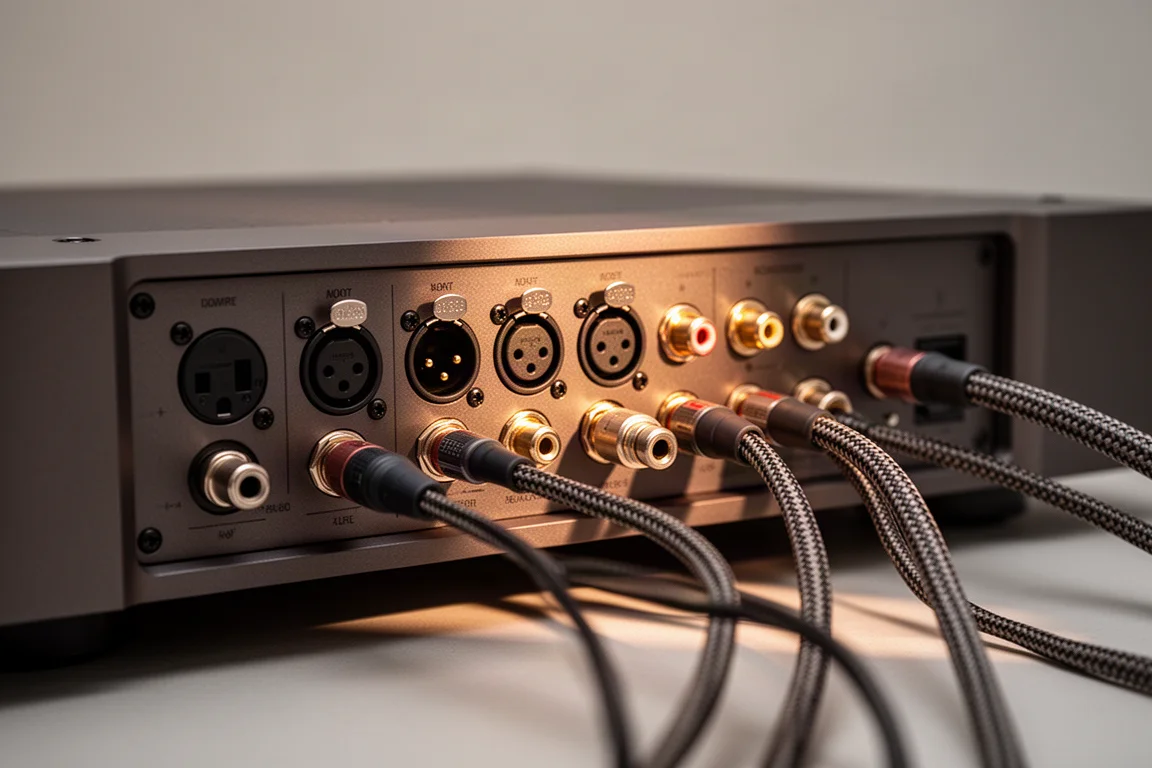 Detalle del panel trasero de un componente de audio con conectores XLR balanceados y RCA