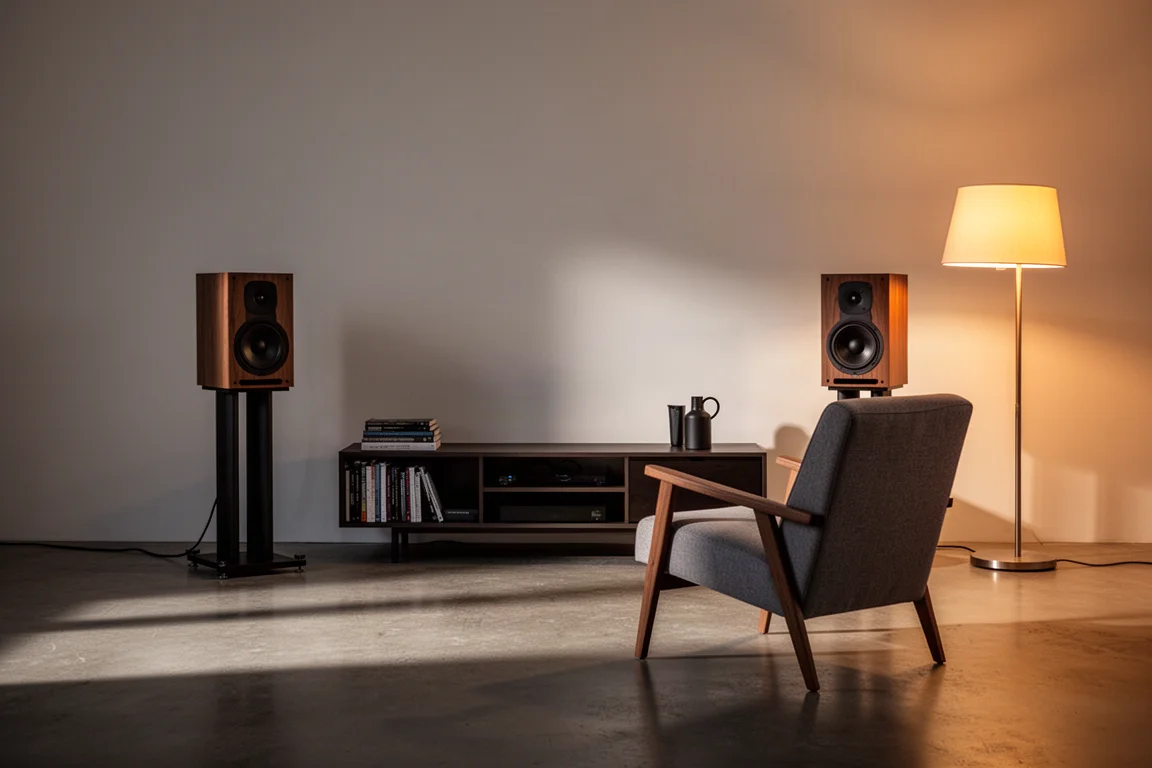 Sala de escucha silenciosa al atardecer con altavoces de estantería sobre soportes y un sillón