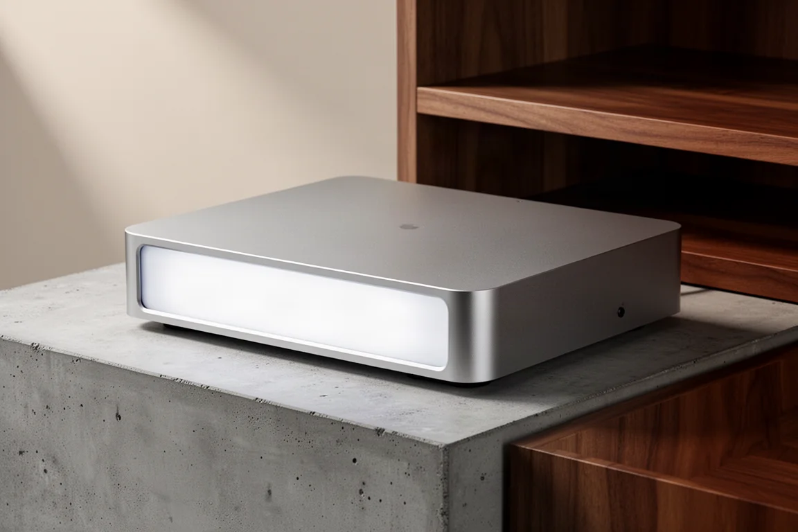 Wide silver aluminium network streamer with a softly glowing front display on a concrete surface