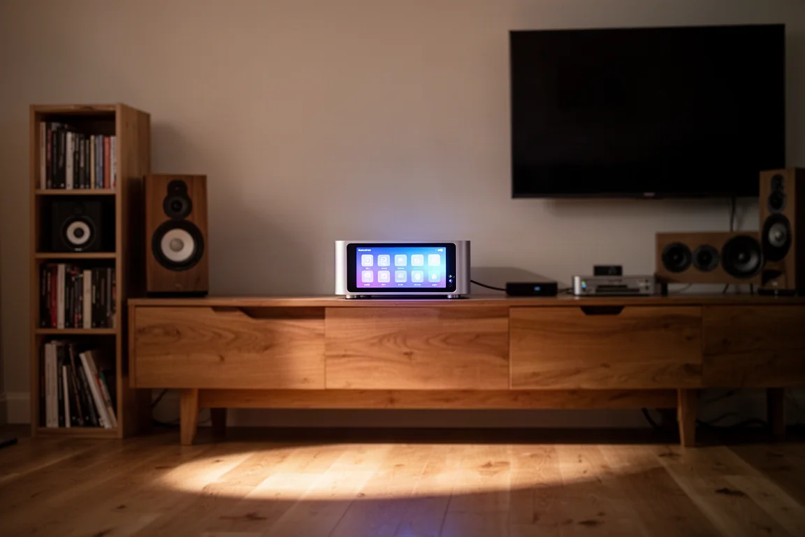 Compact streaming amplifier with a glowing front touchscreen on a wooden sideboard in a living room