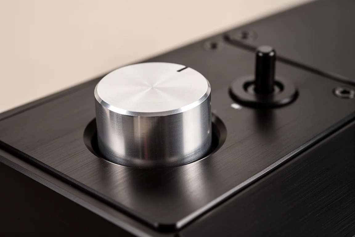 Close-up of a machined aluminium volume knob on a dark anodised audio chassis